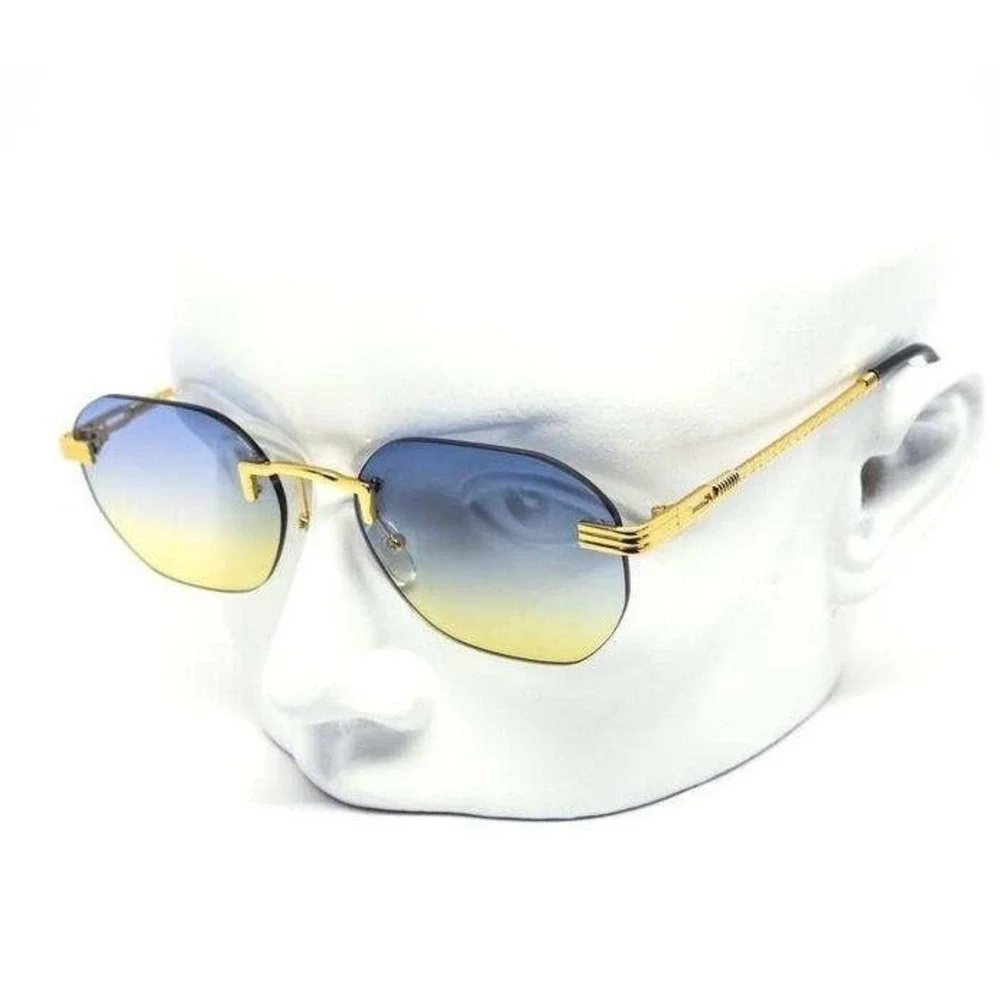 Rimless Sunglasses Blue Yellow‎ Gradient Lens Gold Frame Fashion Shades Lentes